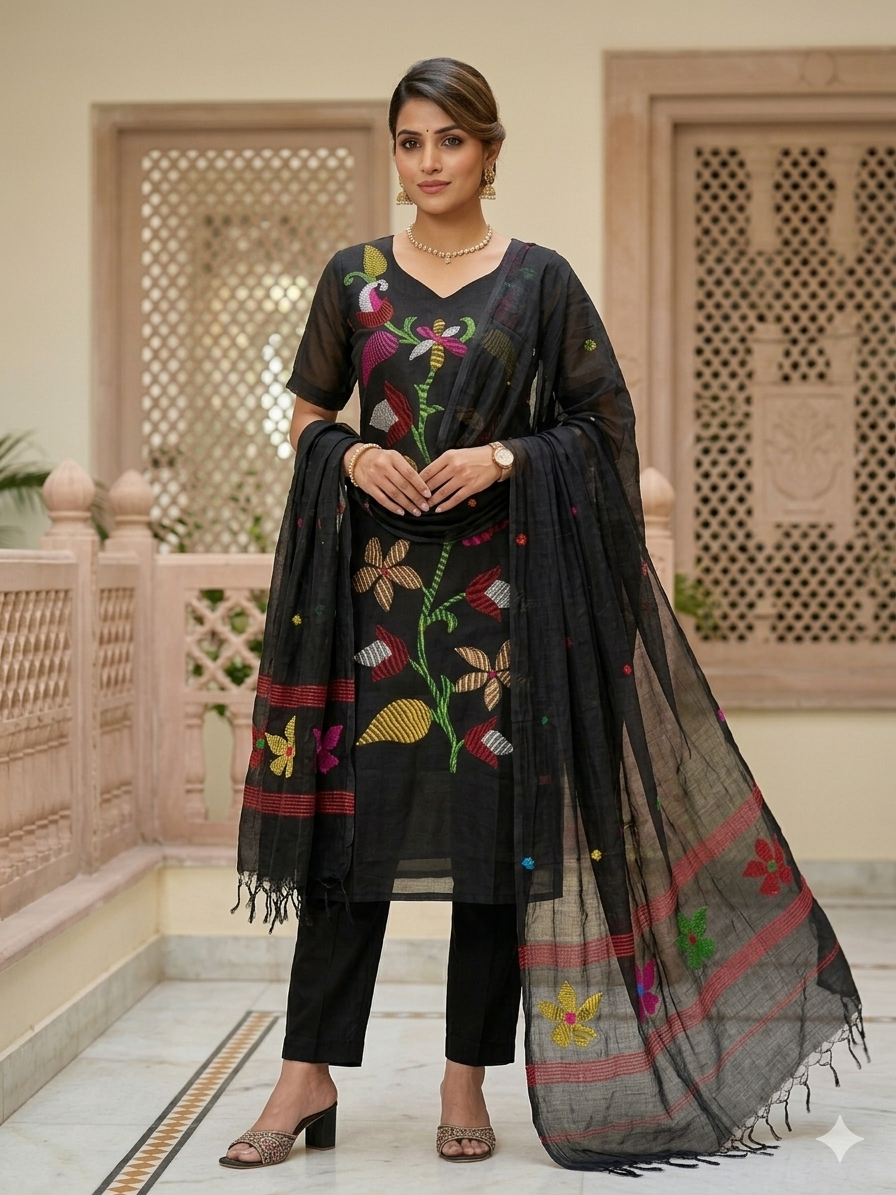 Jamdani Chanderi Suit Set - Black