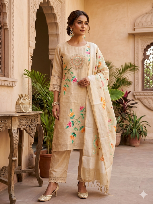 Chanderi Silk Suit with Crocia & Hand Painted Details
