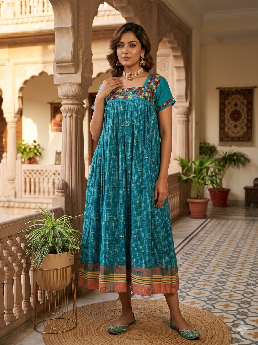 Handloom Jamdani Tunic with Handwork on Square Neckline