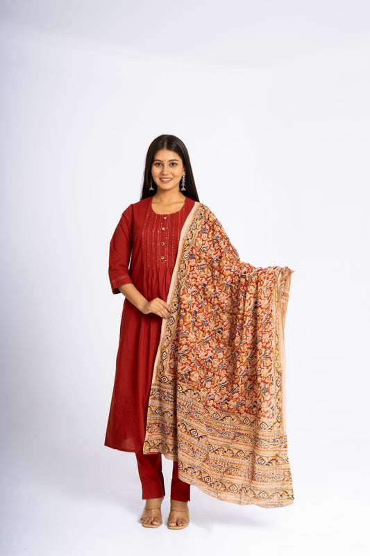 Cotton Suit Set with Kalamkari Dupatta