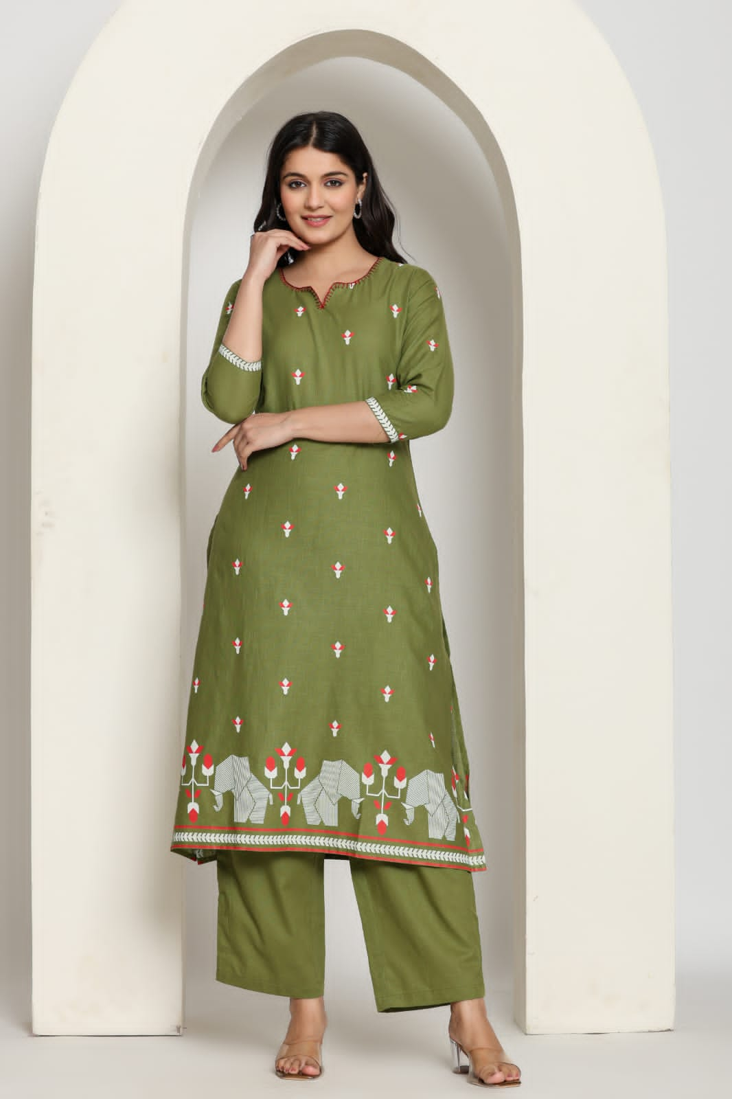 Printed Cotton Kurta Pant Set-Green