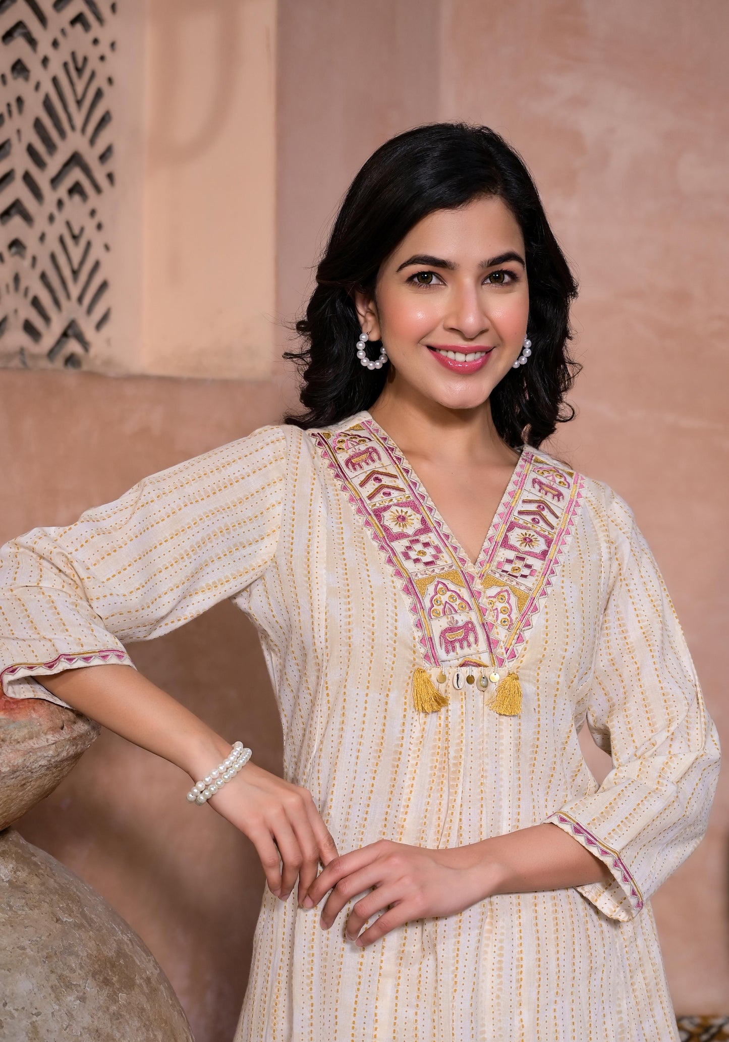 Shibori Print V-neck A-line Kurta Pant Set