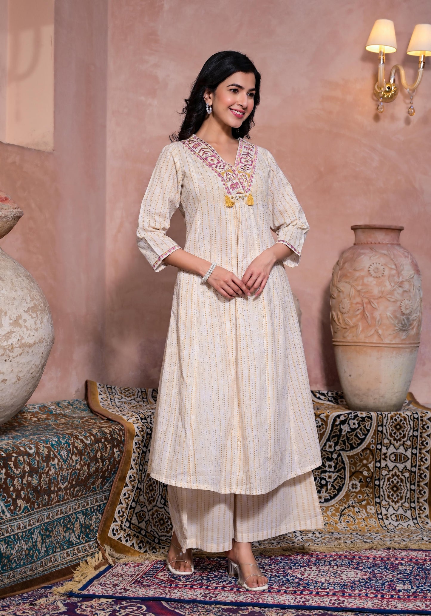 Shibori Print V-neck A-line Kurta Pant Set