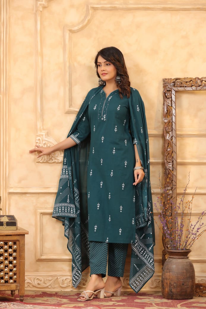 Printed Cotton Casual Suit Green