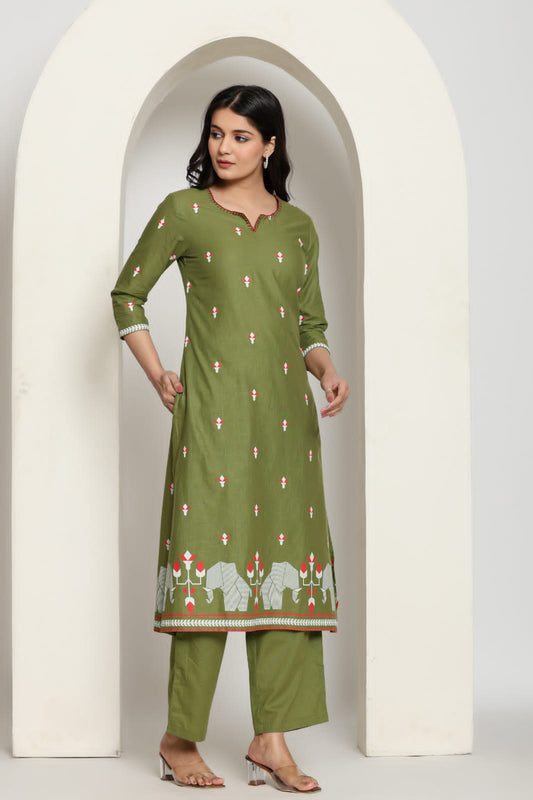 Printed Cotton Kurta Pant Set-Green