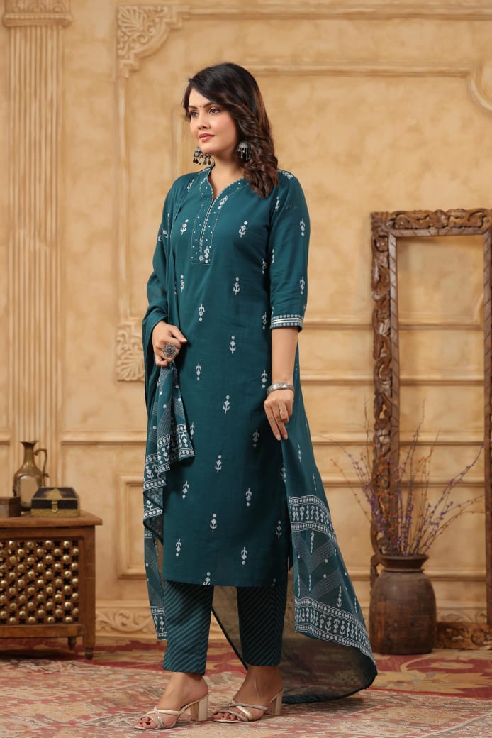 Printed Cotton Casual Suit Green