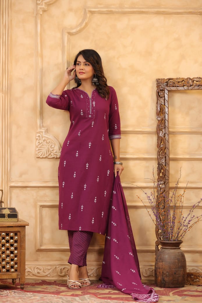 Printed Cotton Casual Suit Wine